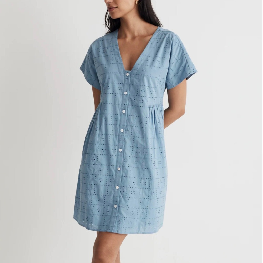 Madewell Blue Eyelet Lace Button Up Mini Dress 100% Cotton Small Western Cowgirl